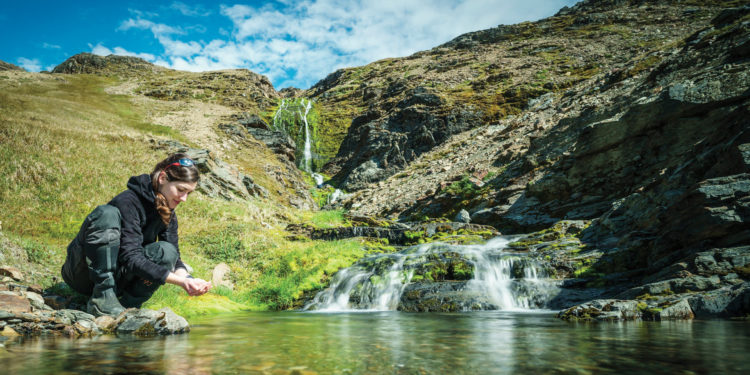 Woman on the shore of a Falklands' Stream