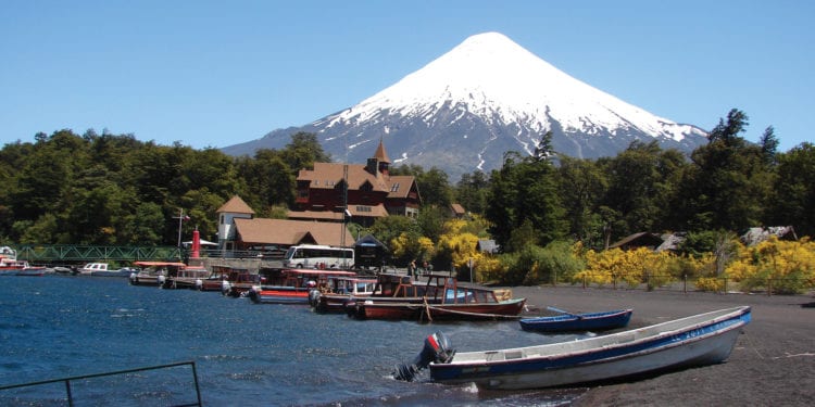 Panoramic view of Osorno Volcano and Todos los Santos Lake in Chile.