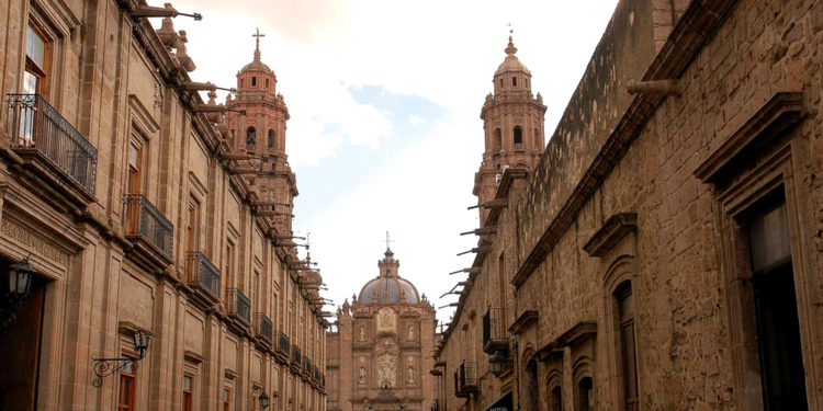 Mexico Morelia City street with Cathedral Contours Travel