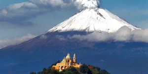 Cholula Pyramid and Virgen de los Remedios Church with Popocatepetl Volcano