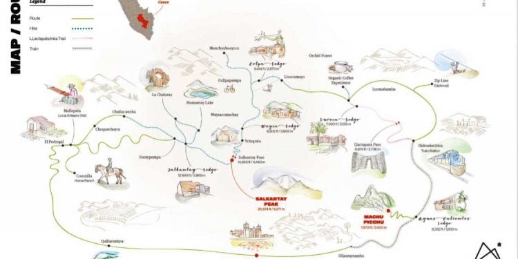 Mountain Lodges Salkantay Lodge to Lodge trek Map Contours Travel