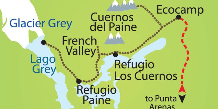 A map of the W Trek in Torres del Paine National Park, highlighting key locations like Glacier Grey, French Valley, and Refugio Los Cuernos.