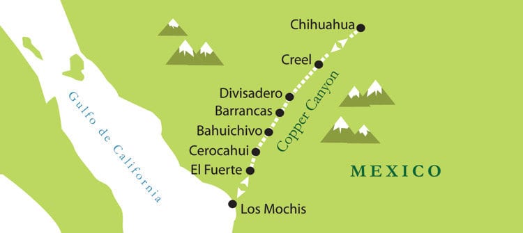 Map of the Suggested itinerary for the Copper Canyon on the Chepe train
