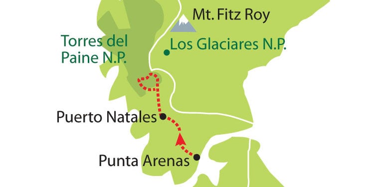 Map featuring Torres del Paine N.P., Puerto Natales, Punta Arenas, and Los Glaciares N.P. with a suggested travel path.
