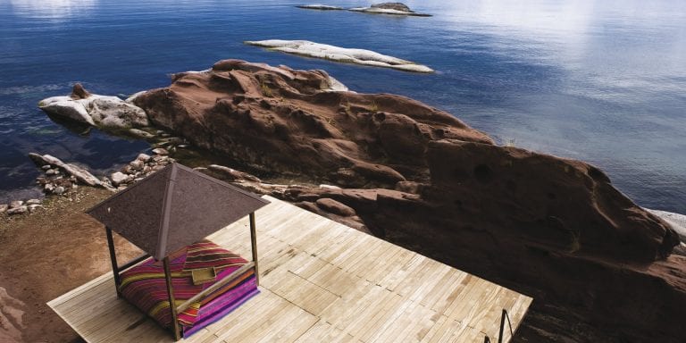A private outdoor retreat with a wooden platform and a shaded canopy, overlooking Lake Titicaca.