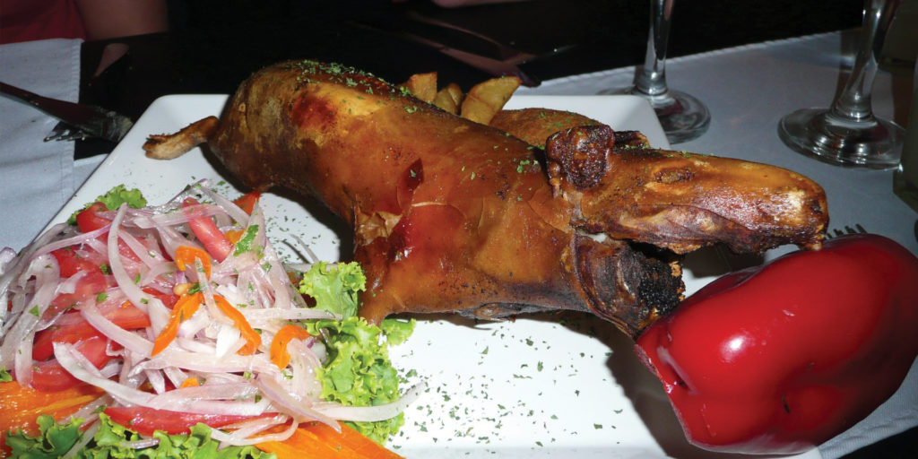 Cuy, a whole roasted guinea pig, served with garnish. Randal Sheppard Flickr Contours Travel