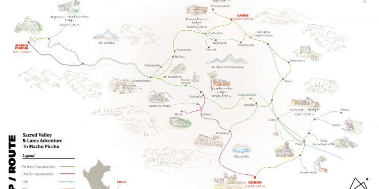 A map of the Lares Trek in Peru, showing the route from Cusco to Machu Picchu.