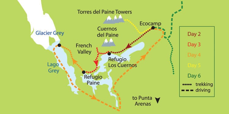 Map of the W Trek in Torres del Paine, showing the hiking route and key points of interest.