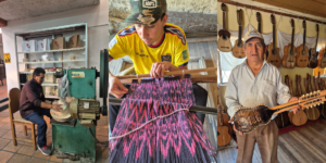 A collage of three images showcasing the craftsmanship of Cuenca, Ecuador: a guitar maker proudly showing his art, a weaver creating a colorful tapestry, and a Panama hat factory producing intricate hats.