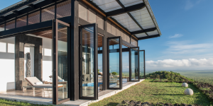 A modern and luxurious spa building with stunning views of the Galapagos landscape.