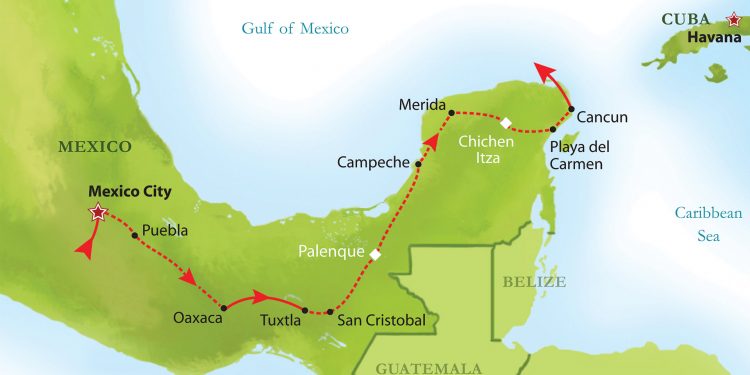 Map illustrating a tourist route connecting Mayan ruins in the Yucatan Peninsula, Mexico.