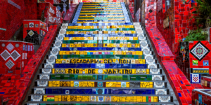 The Escadaria Selarón, a famous staircase in Rio de Janeiro, decorated with tiles from around the world.