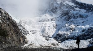 A scenic view of the Paine Massif and a glacier in Torres del Paine National Park, Chile.
