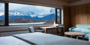 Luxury room interior at Explora Torres del Paine with湖 view, featuring comfortable seating, wooden paneling, and a scenic window.