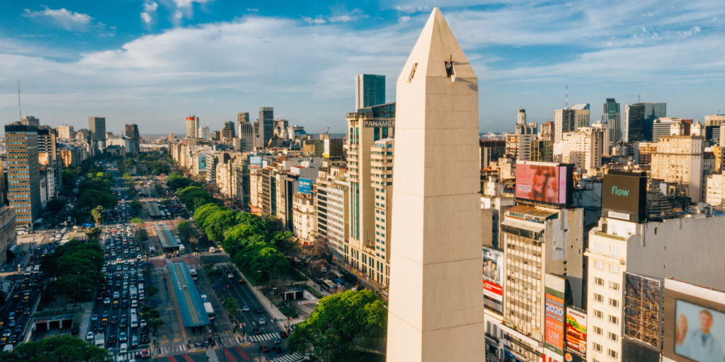 Bustling cityscape of Buenos Aires with the prominent Obelisk in the center.