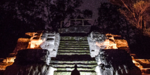 Night photography of Mayan ruins in Uaxactun, Guatemala.