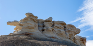 A panoramic view of the Petrified Forest in Chubut, Argentina, showcasing the towering petrified trunks of ancient trees against a clear blue sky.