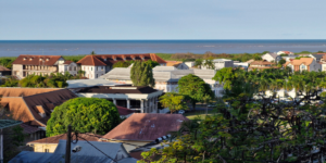 View of Georgetown, Guyana, with the ocean in the background.