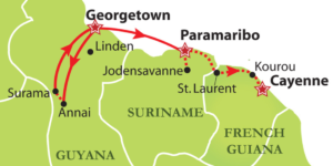 Map showing the itinerary of the Three Guyana's Fully Escorted Group Tour, emphasizing the diverse regions and attractions visited.