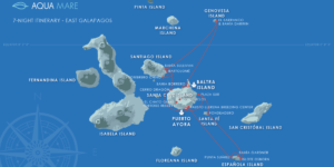 A map of the Galapagos Islands with the Aqua Mare cruise itinerary highlighted.