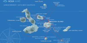 A map of the Galapagos Islands with the Aqua Mare cruise itinerary highlighted.