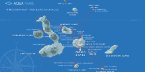 A map of the Galapagos Islands with the Aqua Mare cruise itinerary highlighted.