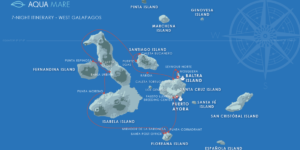 A map of the Galapagos Islands with the Aqua Mare cruise itinerary highlighted.