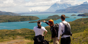 View of Nordenskjöld Lake with the Cordillera del Paine mountains in the background.