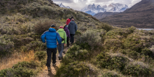 A group of hikers trekking through a scenic Patagonian landscape with snow-capped mountains.