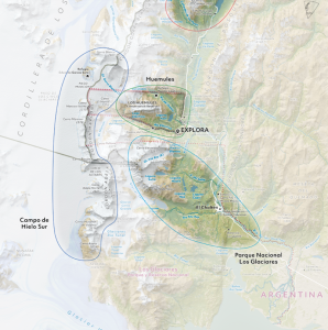 The image is a map showcasing the location of Explora in relation to the Southern Ice Field (Campo de Hielo Sur) and Los Glaciares National Park in Argentina. It highlights the geographical context of Explora and the surrounding natural wonders.