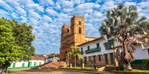 A colonial church and town square in San Gil, Barichara, Colombia.