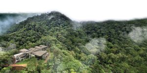 An aerial view of Mashpi Lodge, a sustainable eco-lodge nestled in the cloud forest of Ecuador