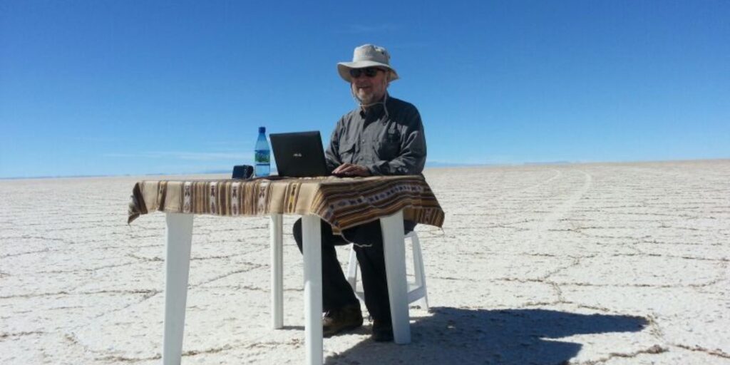 Ted Dziadkiewicz from Contours travel working in the Uyuni Salt Plains - Contours Travel is Australia's South America expert.