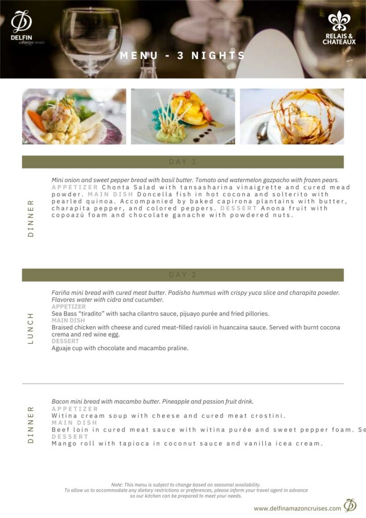 Delfin Amazon Cruises sample dining menu for 3 night cruises in english