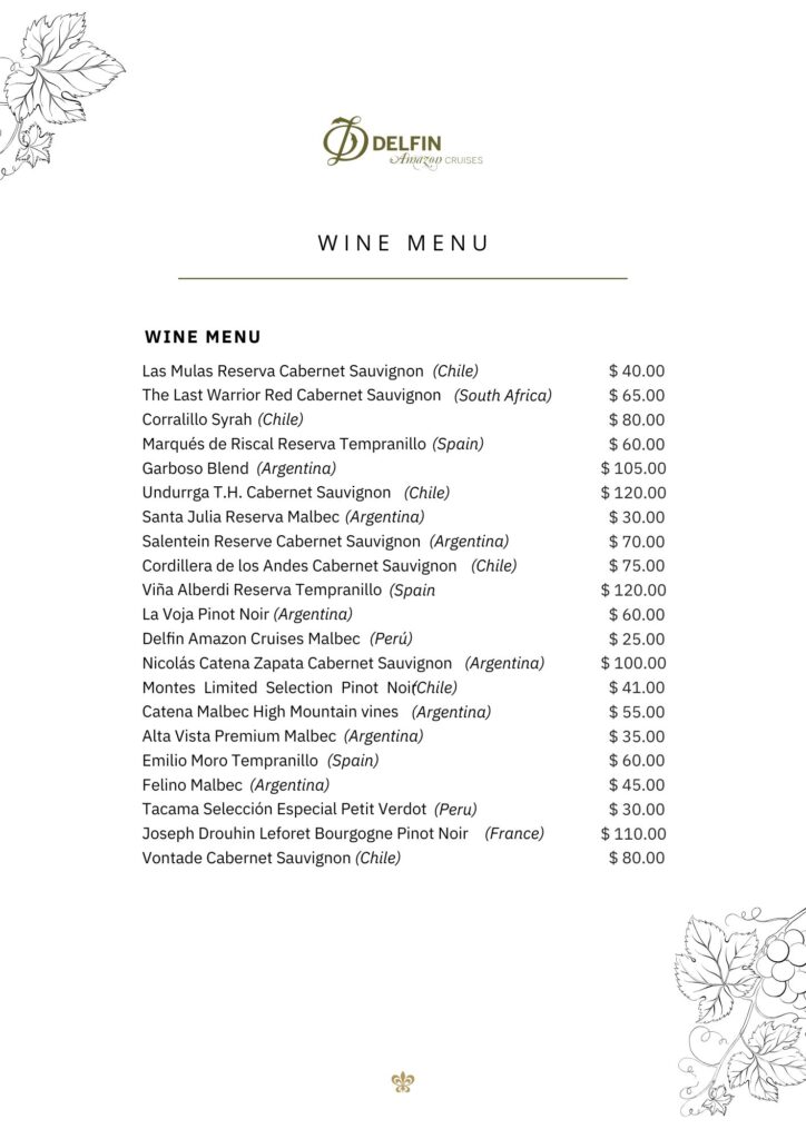 Delfin Amazon Cruises - sample wine menu image